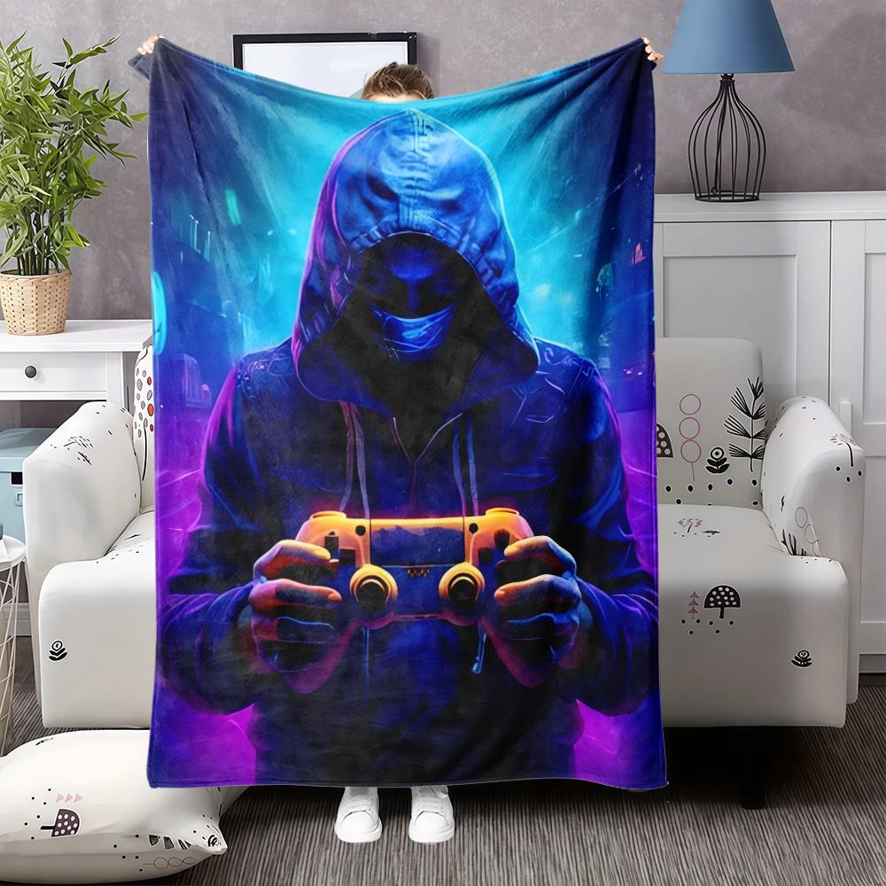 1pc Gamer Print Flannel Blanket, Nap Blanket, Lap Blanket, Air Conditioning Throw, Sofa All-Season Bed 130x150cm