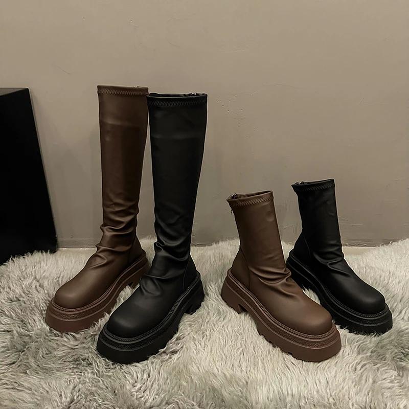 Lange Stiefel Ritter 2025 höhenvergrößernde schlanke Stiefel würziges Mädchen Jurchen lange Stiefel neuer Stil Biskuitkuchen dicke Sohle