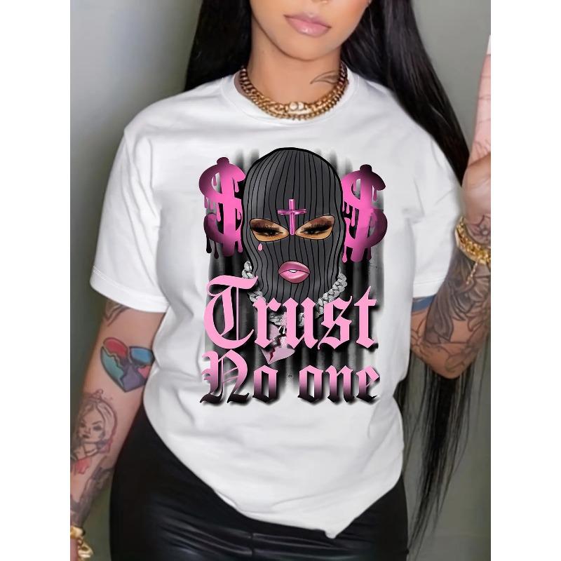 

European Size Drust Women S Casual Short Sleeve T-Shirt - Trust No One Graphic Design, Pink Dollar Symbol with Golden Highlights,Crew Neck Top 4XL