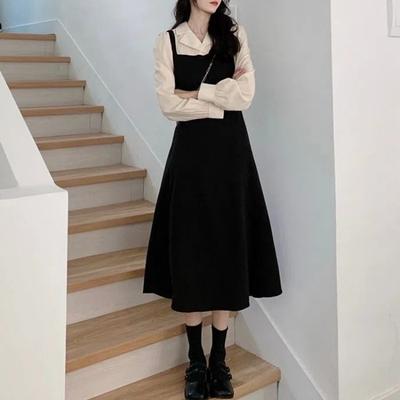 Kadın Sahte İki Askılı Uzun Kollu Elbise Bel İnceltici Hepburn Tarzı Elbise