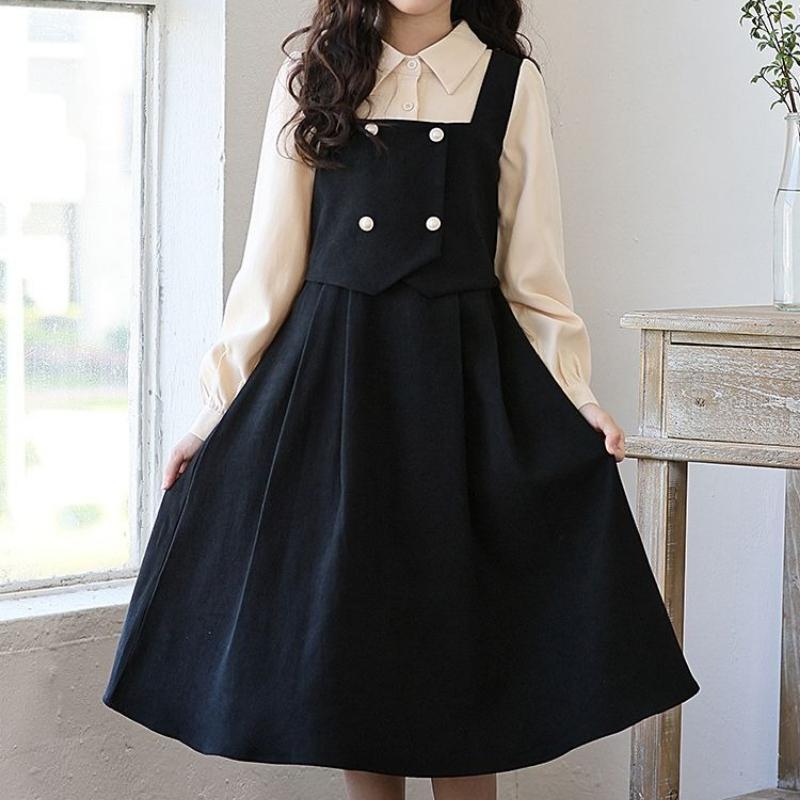 Girls' Fashionable Two-Piece Style Dress Spring/Fall Children's Vintage-Inspired Waist-Cinched Dress