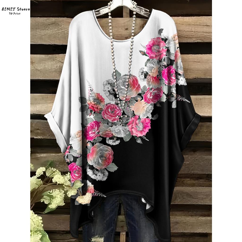 Camiseta Floral Bohemia para Mujer - Elegante Diseño Retro con Vibrante Patrón de Rosas y Hojas Casual Cuello Redondo Lavable a Máquina