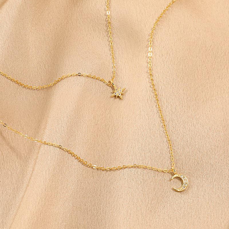 S925 Sterling Silver Star Moon Hexagram Double Layer Necklace for Women - Trendy Collarbone Chain