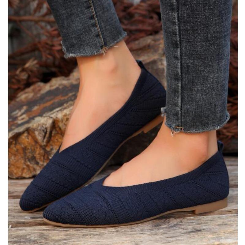 Fashion Women's Pointed Toe Flat Shoes Solid Color Knitted Slip on Shoes Casual Breathable Ballet Flats Women