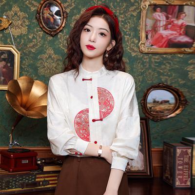 Spring New Chinese Style Traditional Retro Heavy Embroidery Craftsmanship Pattern Chic Buckle Stand Collar Shirt