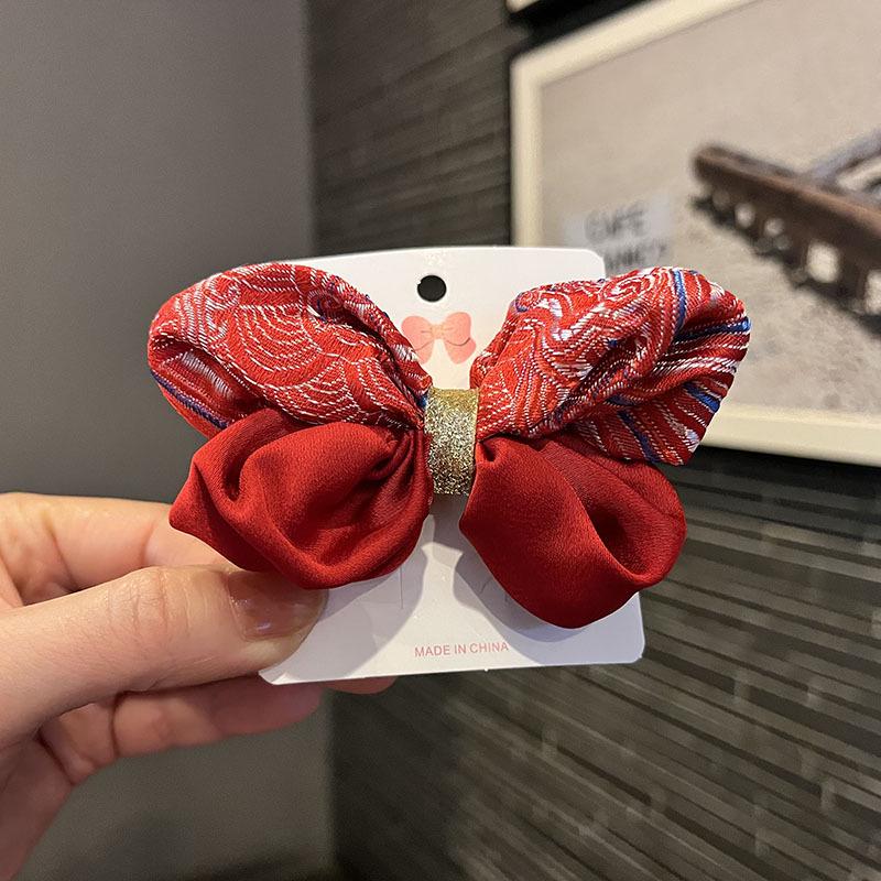 Children's Chinese New Year Red Embroidered Bow Hair Clip & Ties for Hanfu Style