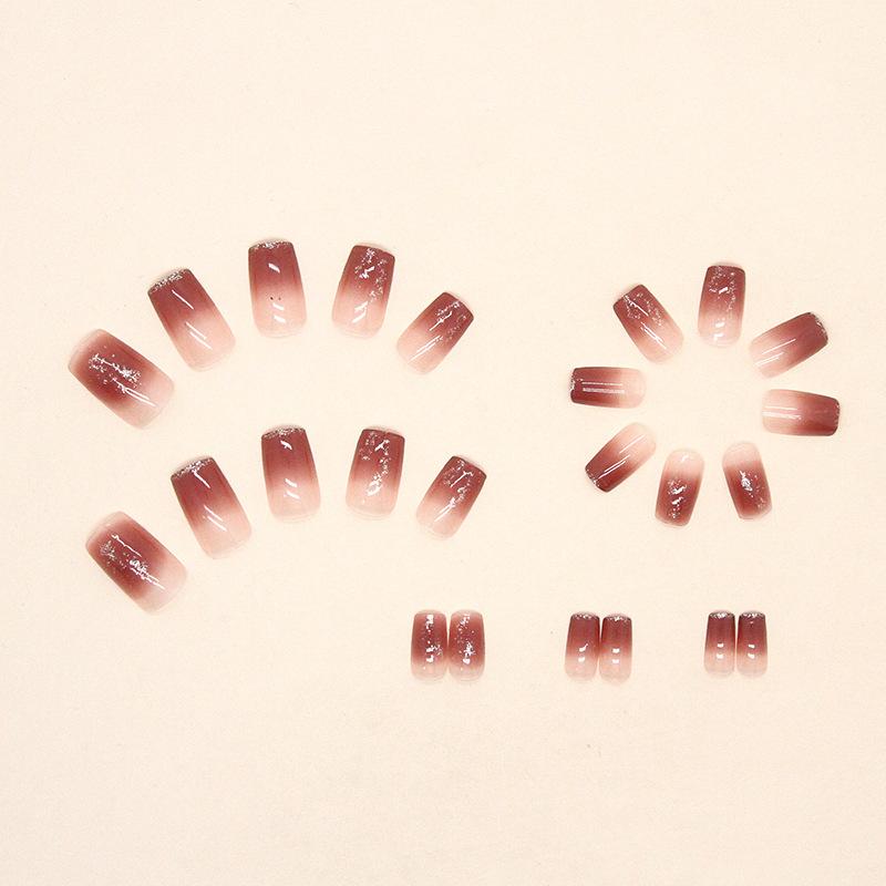 24 Pieces Gradual Change Fine Flash Succulent Grape Color European Square Fake Nails Simple Pure Reddish Brown Wearing Nail