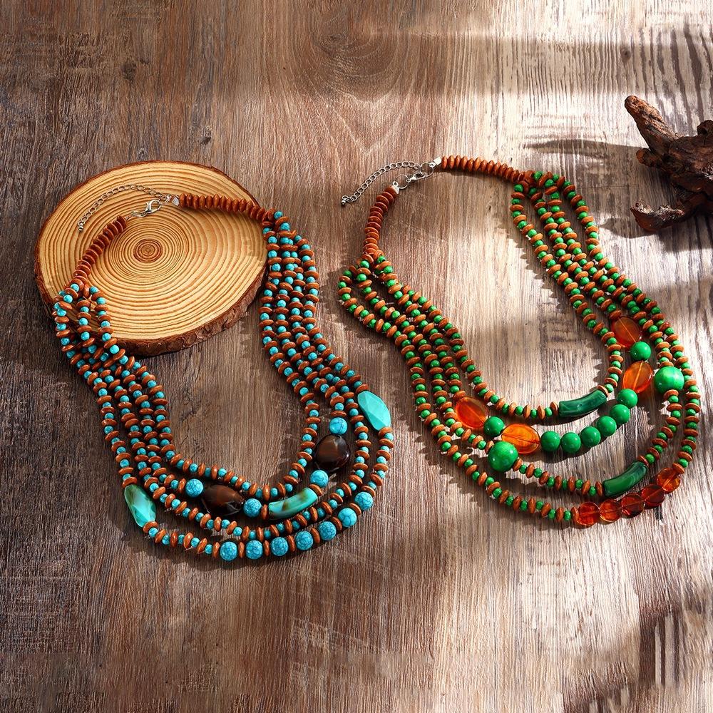 Necklace Bohemian Retro Multi-Layer Imitation Turquoise Handmade Wooden Beads Beaded Long Waterfall Necklace Female