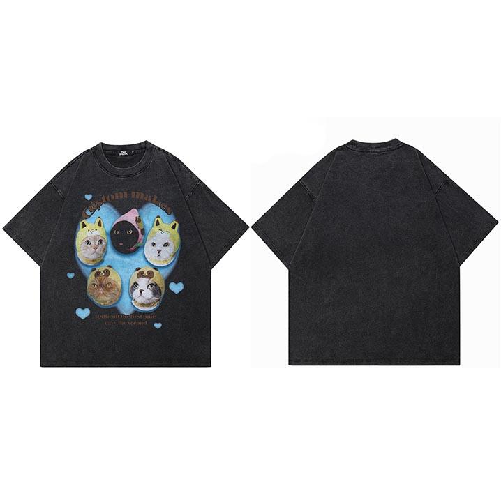 

Hip Hop Streetwear Men TShirt Oversized Funny Graphic Baby Cats T Shirt Washed Black Tshirt Cotton Unisex Tops Tees S
