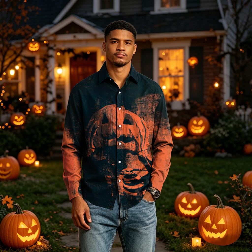 Men's Long Sleeve Button Down Halloween Print Shirt