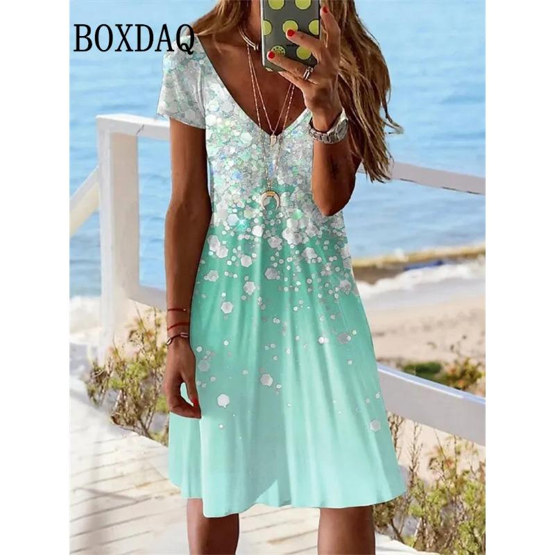 Kurzarm Damen Neues Kleid Sommer Pullover Mode Übergröße Kleid Lässig Locker V-Ausschnitt Damen Sommer Druck Partykleid