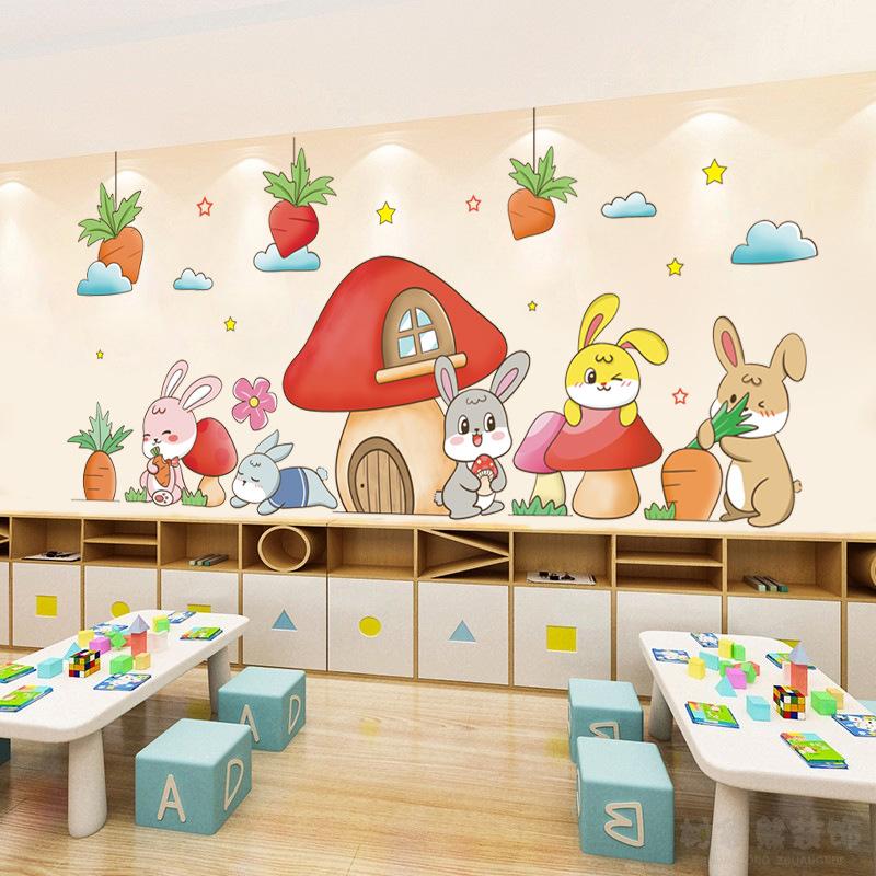 Mushroom House and Rabbit Wall Stickers for Kindergarten Classroom Decoration Kids Nursery Room Peel and Stick Removable Wall Decals