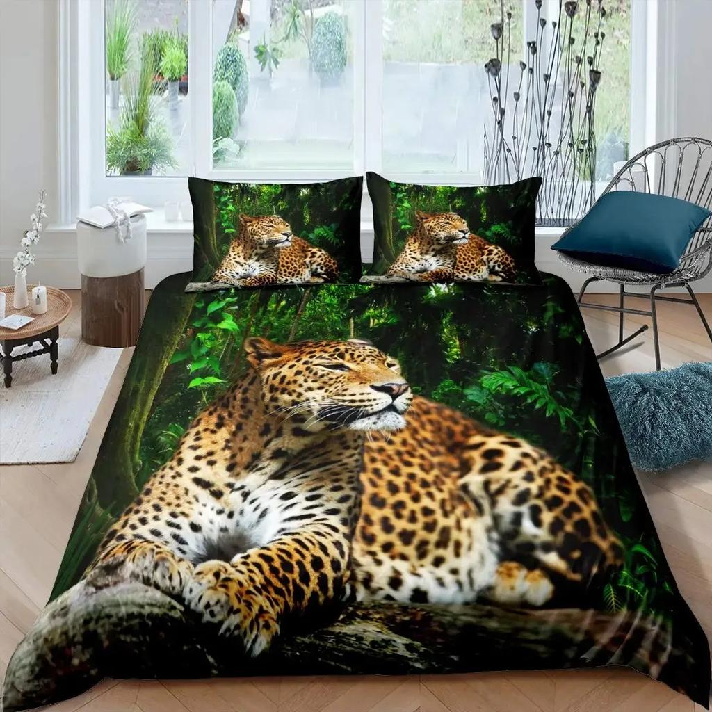 Set Copripiumino Leopardo King Copripiumino Ghepardo Feroce Copriletto Animale Selvatico Safari Decorazione Camera da Letto per Adolescenti Set Biancheria da Letto