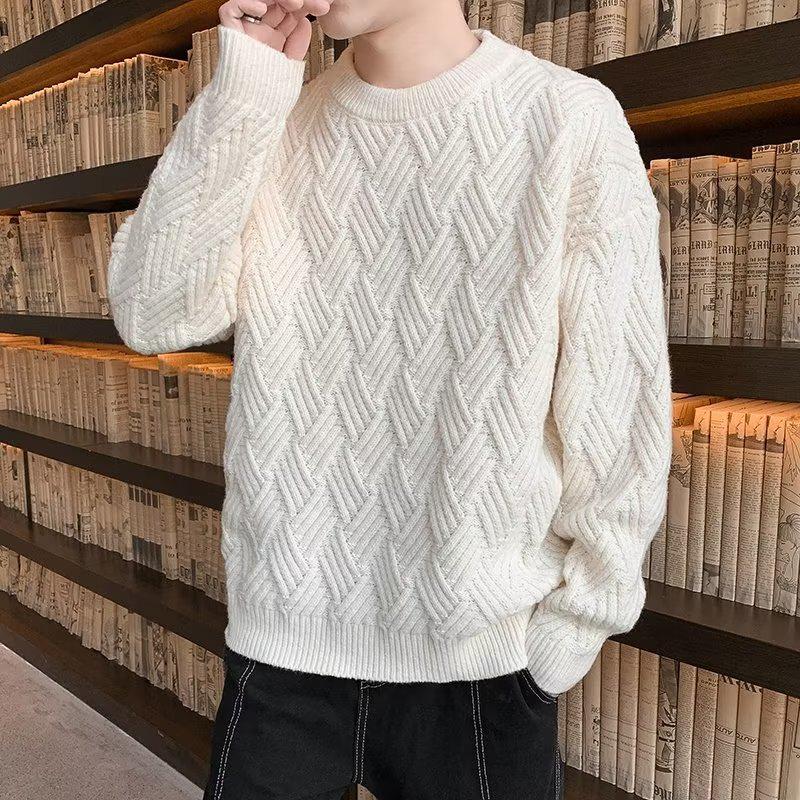 Men's Trendy Solid Color Knitted Round Neck Sweater – Autumn/Winter Long Sleeve Base Layer Casual Wear.