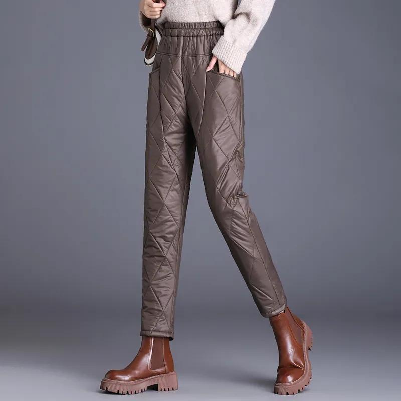 Women's Winter Lightweight Thermal Design Diamond-Patterned Pants Solid Color Straight-Leg Casual Harem Pants