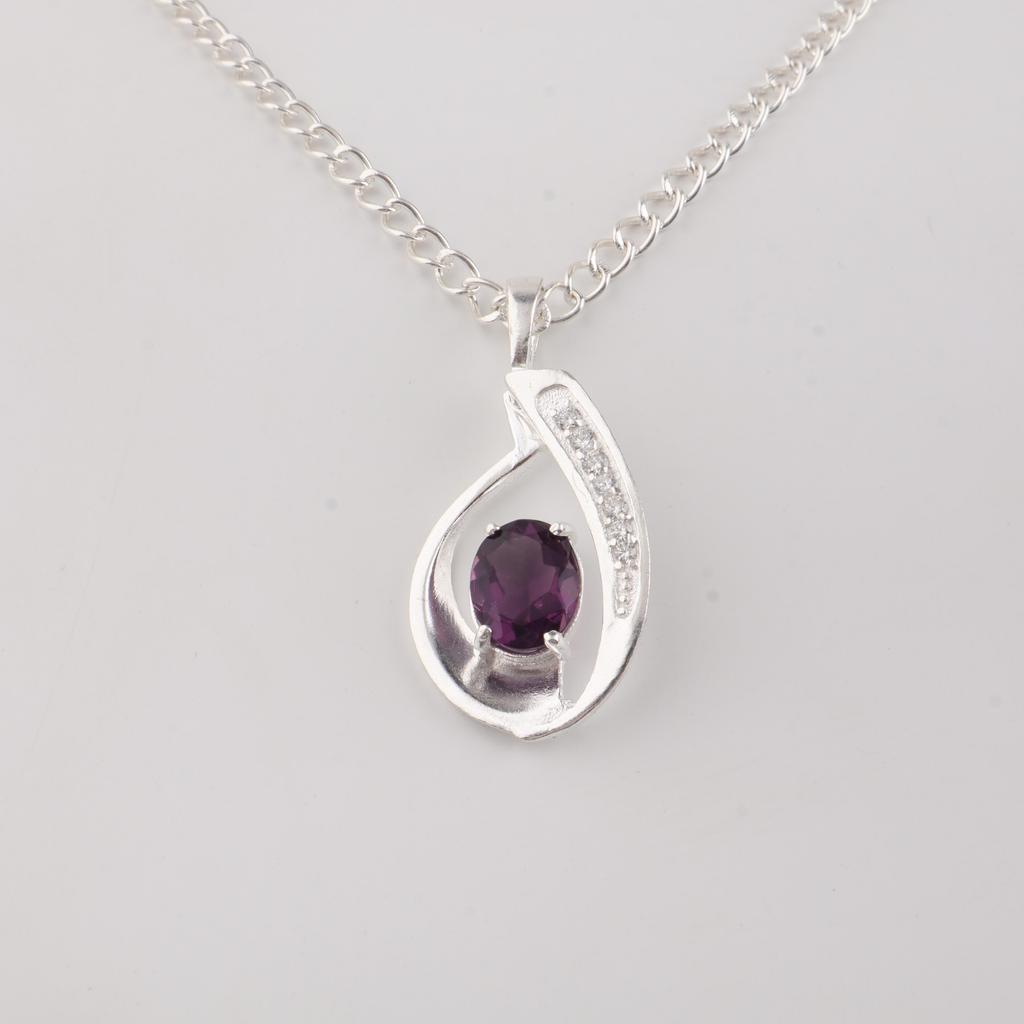 Amethyst Gemstone 925 Sterling Silver Jewelry Zircon Pendant 1.4" , Partywear Women's Pendant, Anniversary Gift For Her CZP-16-1