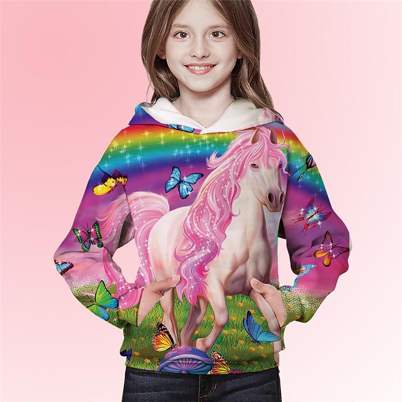 

Kids Girls Hoodie Long Sleeve Pink 3D Print Rainbow Unicorn Animal Pocket Daily Indoor Outdoor Active Fashion Daily Sports 3-12 Years 110cm