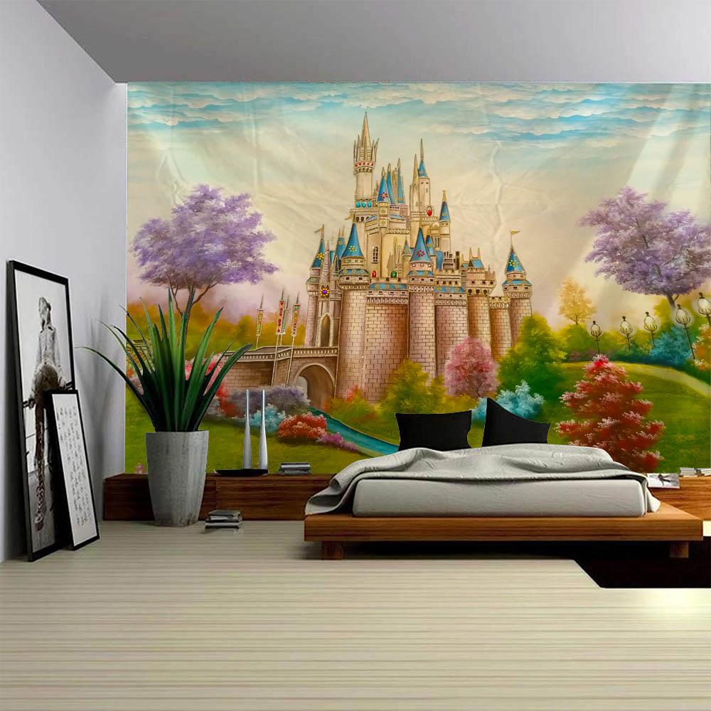 Dreamy Castle Tapestry Fairy Tale Forest Landscape Wall Hanging Aesthetic Bedroom Living Room Decor Multi-Size Available