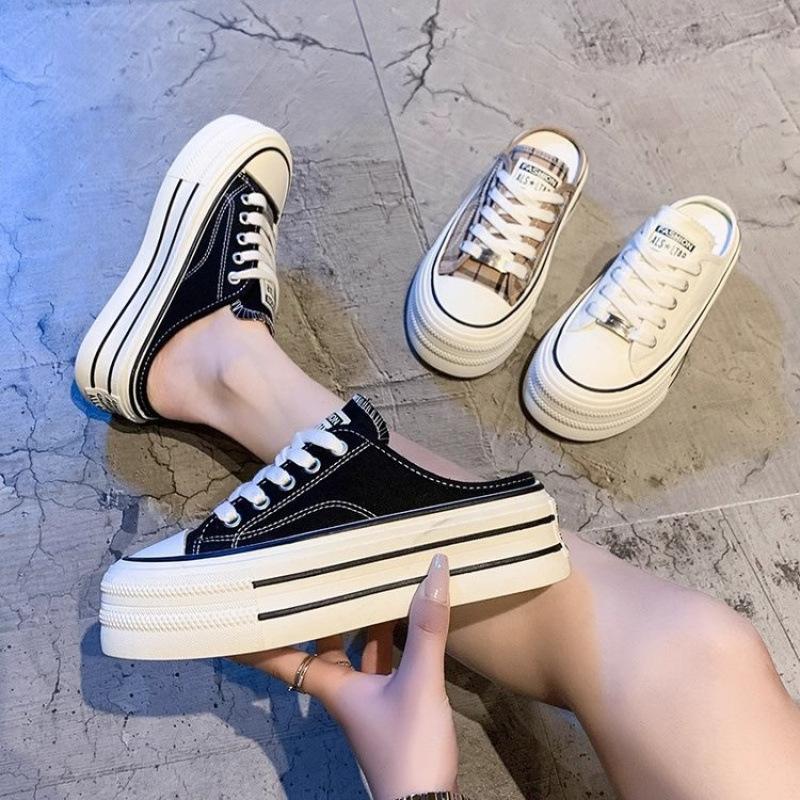 thick-soled one-pedal bag head canvas half-slippers women's summer wear new little white shoes casual small muffin board shoes