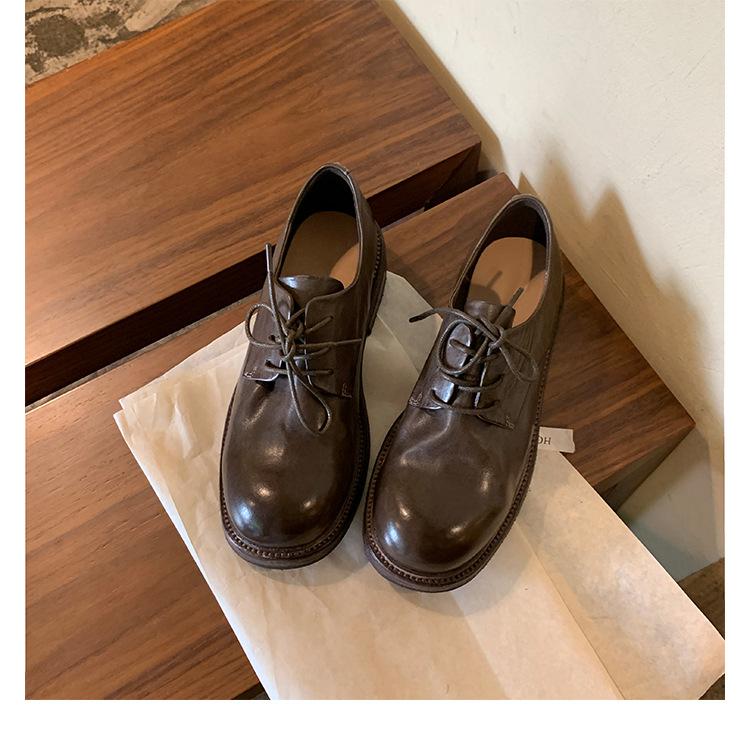Washed Cowhide~ Retro Leather Platform Loafers Women's Autumn British Derby Single Shoes One Pedal Lace-up Small Leather Shoes