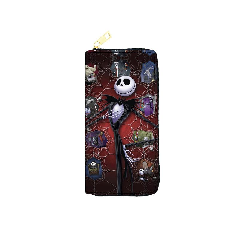 Nightmare Before Christmas PU Leather Women Long Zip Wallet Single Zipper Makeup Clutch Bag Jack Skellington Print Black 3pcs
