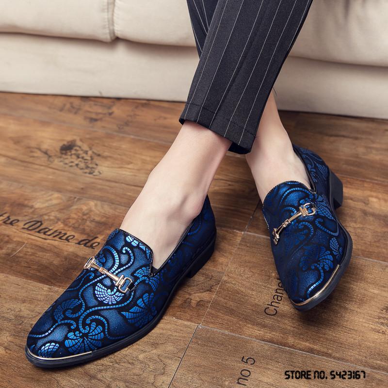 Fashion New Men Dress Leather Shoes For Male Luxury British Gold Blue National Pattern Oxfords Classic Gentleman Wedding Prom Footwear