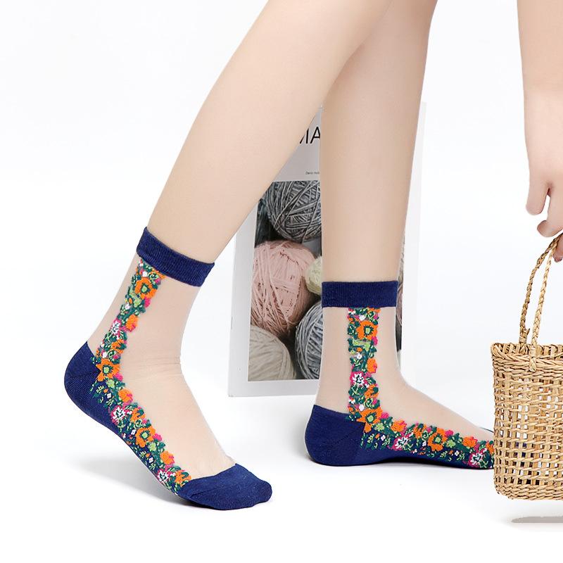 5 Pairs of Ladies Autumn Thin Floral Embroidered Glass Silk Clear Cotton Bottom Crystal Ice Stockings