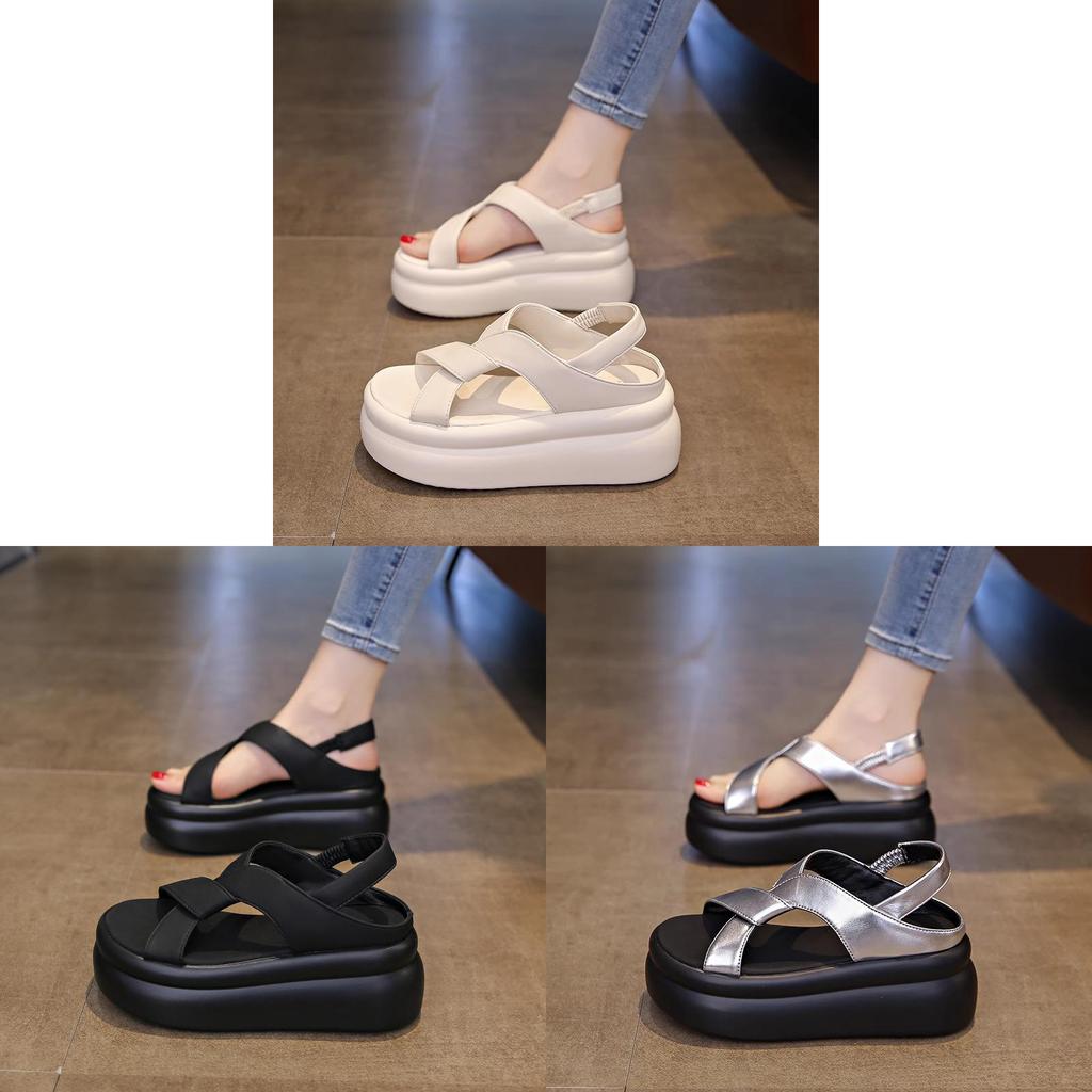 Summer Female Platform Sandals With Crossed Pu Upper And Rubber Sole For Beach Casuals