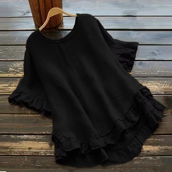 Women Tops Round Neck Short Sleeve Loose Fit Pullover Tops Pure Color Ruffle Hem