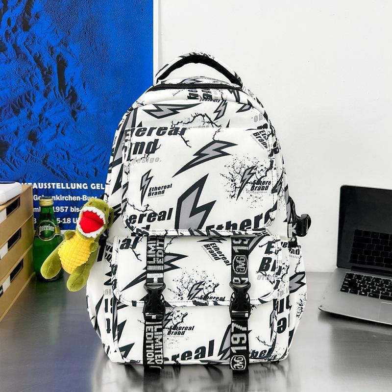 Schoolbag Japanese ins Street Lightning Personality Graffiti Backpack Trendy Cool Handsome Teen Boys Strong Durable Backpack