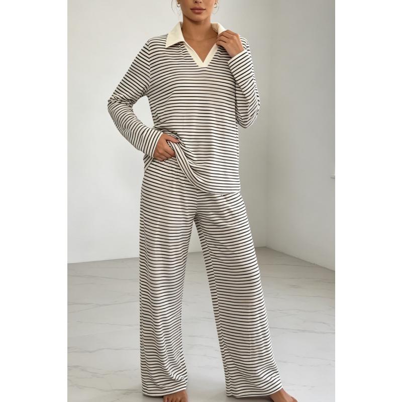 TIFICY Women's Fashion Spring Autumn Stripe Print Long Sleeve POLO Neck Casual Pajama Set