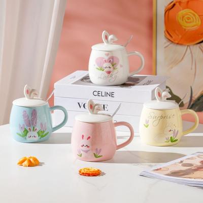 Simple Cartoon Cute Rabbit Ceramic Cup with Lid Spoon Mug Household Set Creative Personality Water Cup for Girls