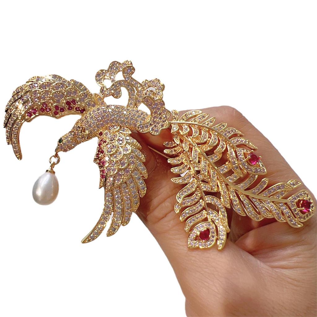 Retro National Style High-End Phoenix White Natural Freshwater Pearl Brooch Guochao Copper Plated Micro-Inlaid Zircon Brooch