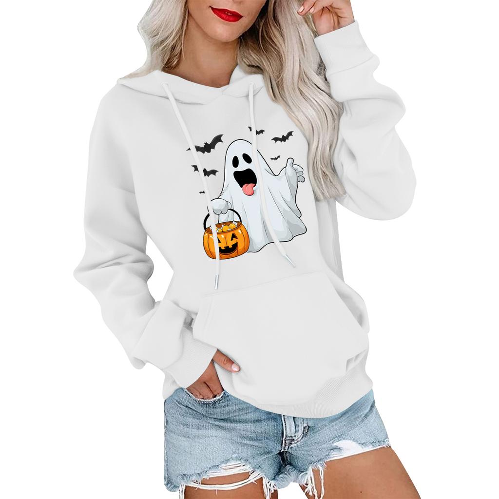 Dámský módní, ležérní, pohodlný svetr s kulatým výstřihem, s kapucí, s dlouhým rukávem, s halloweenským potiskem, hřejivý