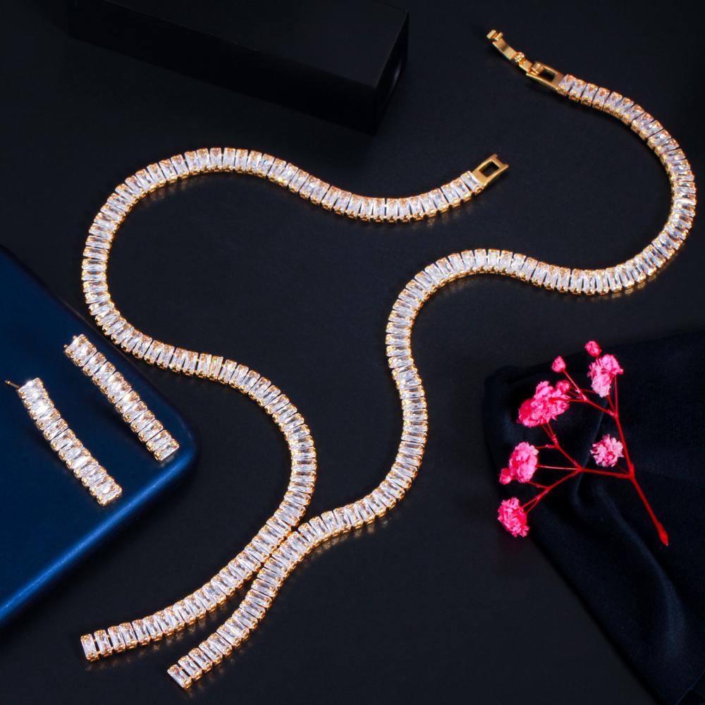 CMM Shiny Cubic Zirconia Elegant Long Dangling Drop Tassel Wedding Costume Necklace Brides Jewelry Sets for Women