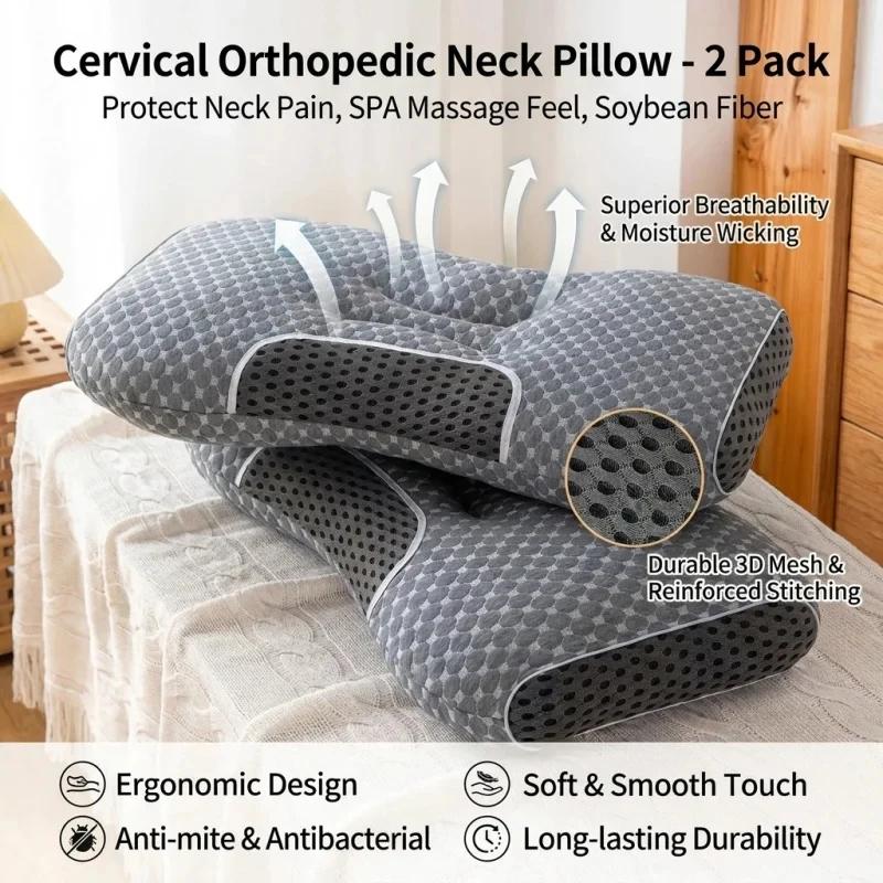 Grey Soybean Fiber Cervical Pillow 2Pcs Ergonomic Neck Support Cushion Relieve Neck Discomfort for Home Use