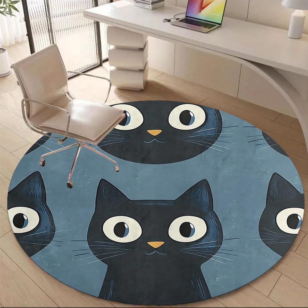 1pc Black Cat Pattern Office Round Area Rug, Indoor Mat Suitable ForOffice, Under Office Chairs Bedroom Living Room Home Decor, Room Deco q024