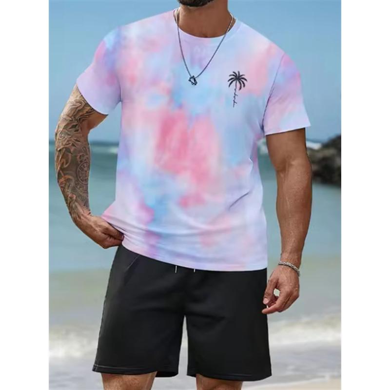 Verão Manga Curta Shorts Férias na Praia Casual Estampa 3D de Palmeira de Coco Conjunto de Praia Roupa Esportiva Masculina