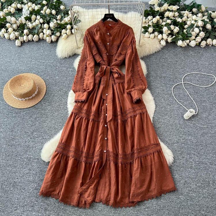 

Sexy Vintage Lace Lace Up Glitter A Line Long Sleeve Beach Dress Chic Summer Vacation Vestidos for Women One Size светло-коричневого