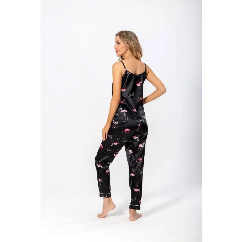 2Pcs/set Ladies Camisole Pajamas Set Simulation Silk Printing Backless Adjustable Sleeveless Trousers College Students Homewear