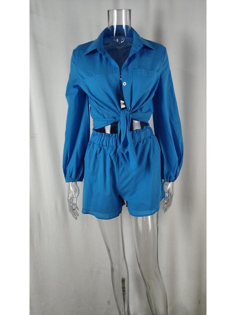 2026 Spring Women's Lace-up Solid Color Casual Top and Shorts Set