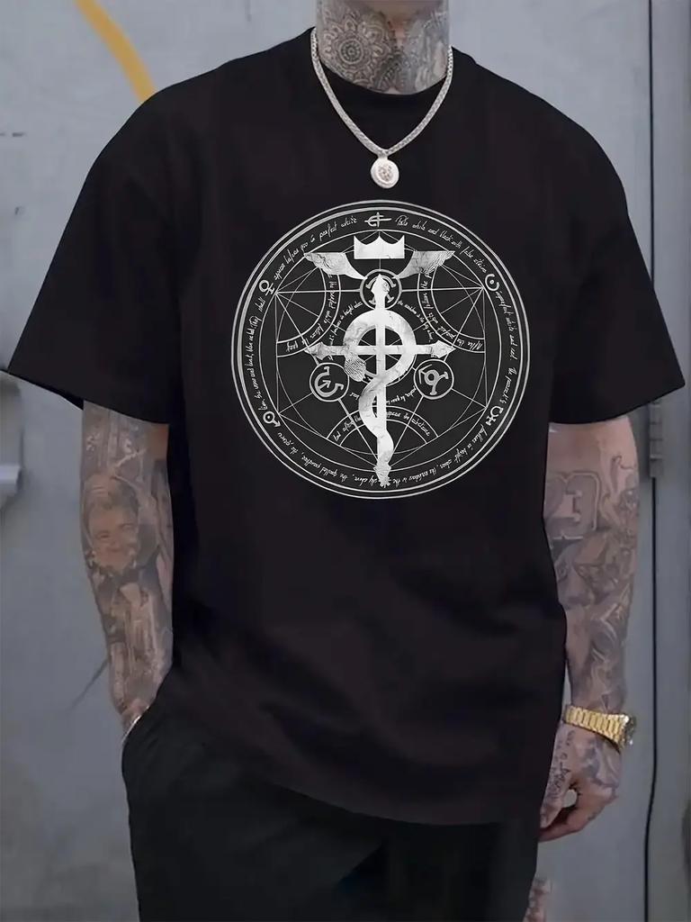 Mystical Runes & Alchemical Symbols Print Black Crew Neck T-shirt - Casual Regular Fit