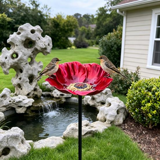 Handmade Metal Flower Garden Stake Outdoor Bird Bath Bowl for Bees Butterflies Pollinator Watering Station for Garden Lawn Yard Decor