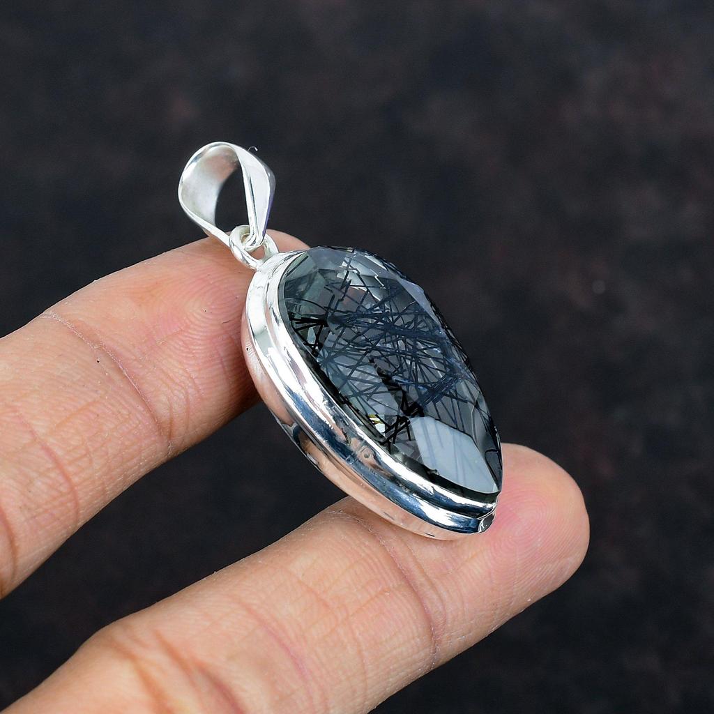 Faceted Black Rutile Pendant Natural Gemstone Pendant Amazing Jewelry 925 Sterling Silver Pendant Handmade Birthstone Pendant Gifts for Wife