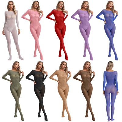 Womens See Through Elastic Footed Bodysuit Long Sleeve Silky Jumpsuit