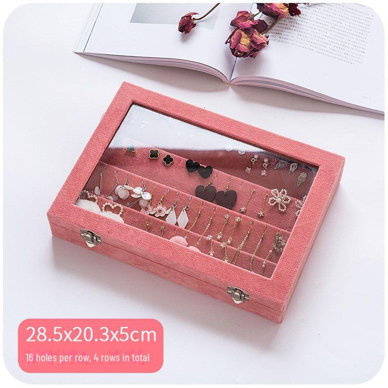 Pink Flocked Portable Jewelry Box with Lid - 316-Grit Dustproof Glass Ring & Earring Display
