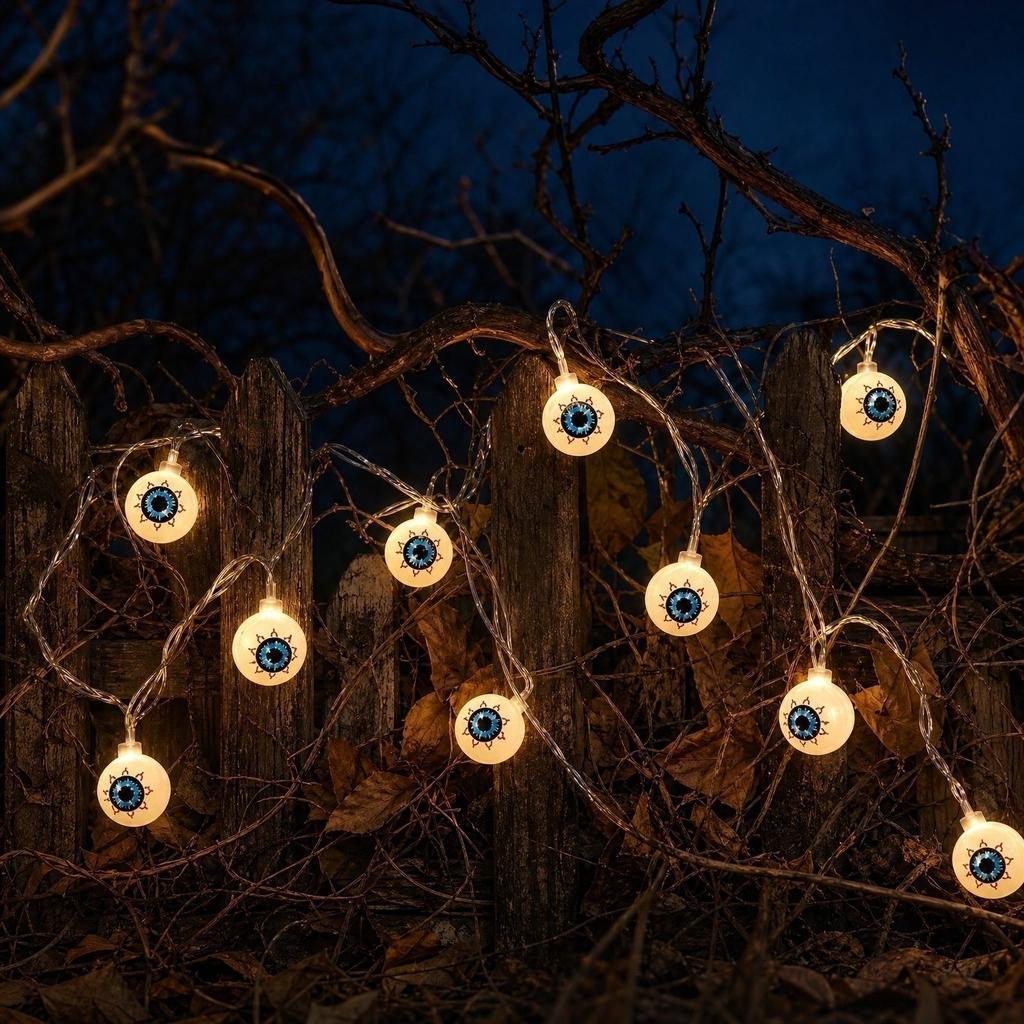 Halloween LED String Lights with Eyeball Design - Battery Operated Decor for Outdoor Yard, Party , 10ft