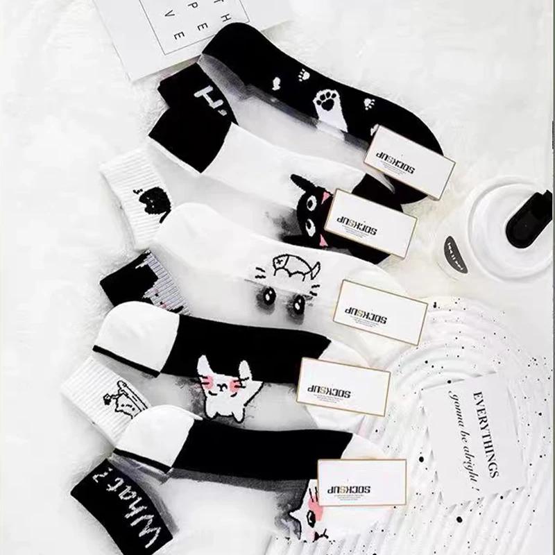 5-60Pairs Kawaii Summer Short  Crystal Silk  Black And White Cat Breathable Wear-Resistant And Odor Proof Summer Socks