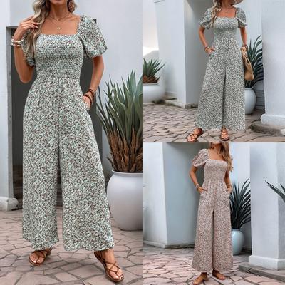Women's Square Neck Puff Sleeve Wide Leg Printed Jumpsuit