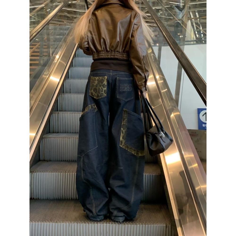 Retro Lampart Łączone Spodnie Cargo Damskie Y2k Hip Hop Causal Luźne Kieszenie Koreańskie Szerokie Nogawki Spodnie Jeansowe Harajuku Szyk Spodnie